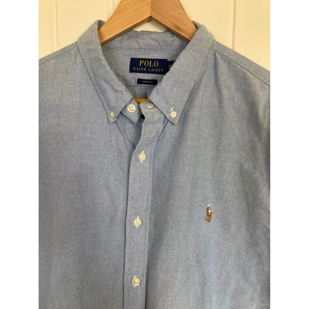 Polo Ralph Lauren Mens XXL Slim Fit Short Sleeve Oxford Shirt Light Blue Cotton